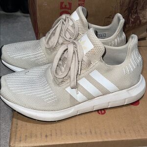 adidas Beige Knit Sneakers with White Stripes